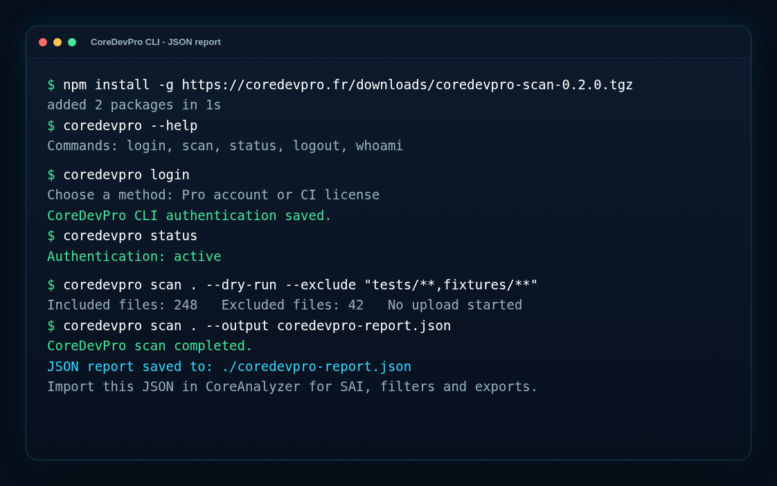 Scan CLI CoreAnalyzer et rapport généré